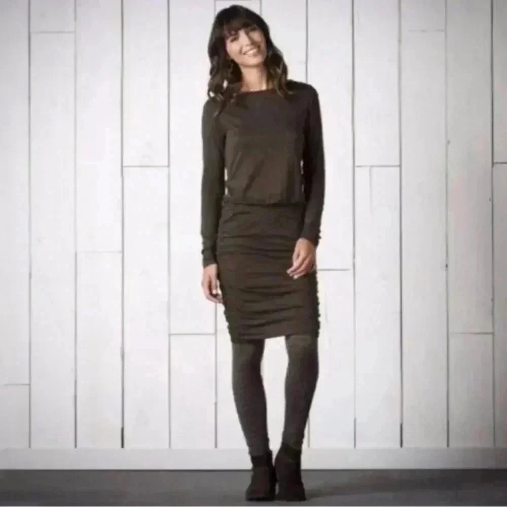 Toad & Co Outfox Ruched Long Sleeve Dress Brown Size Medium Outdoor Hiking NWOT